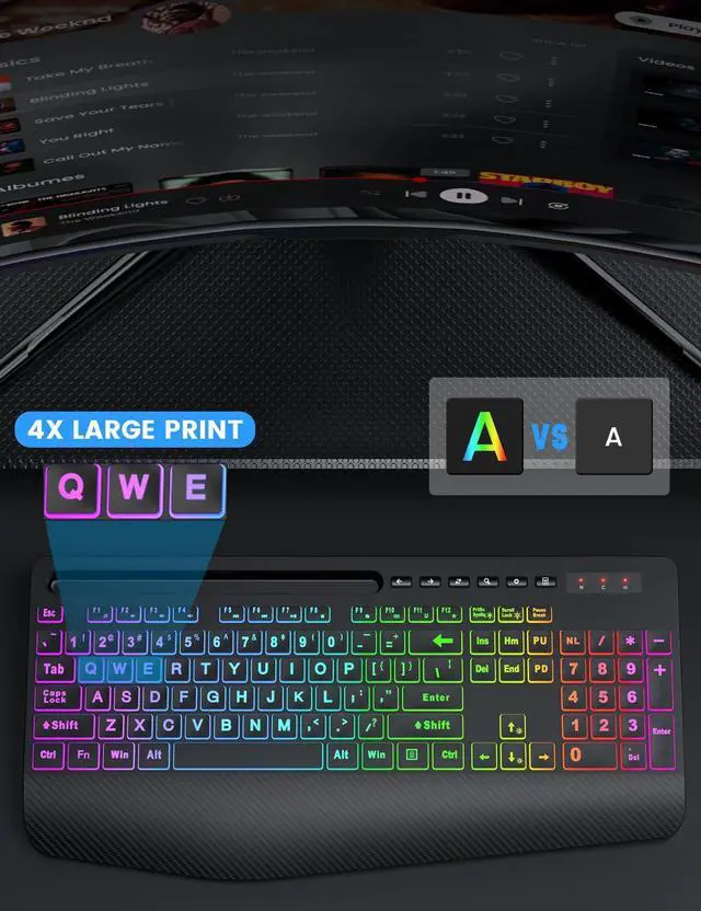 Alt view image 2 of 5 - SABLUTE Wireless Keyboard and Mouse Combo, 9 Backlit Effects, Large Print, Wrist Rest, Phone Holder, 2.4G Lag-Free Ergonomic Keyboards, Rechargeable Easy to See Cordless Set for Computer, Laptop, PC