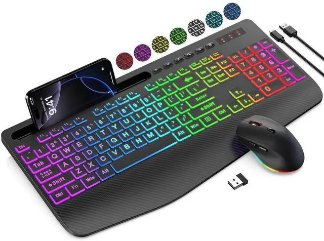Main image of SABLUTE Wireless Keyboard and Mouse Combo, 9 Backlit Effects, Large Print, Wrist Rest, Phone Holder, 2.4G Lag-Free Ergonomic Keyboards, Rechargeable Easy to See Cordless Set for Computer, Laptop, PC