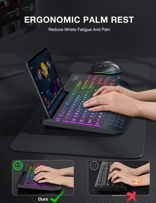 Alt view image 4 of 5 - SABLUTE Wireless Keyboard and Mouse Combo, 9 Backlit Effects, Large Print, Wrist Rest, Phone Holder, 2.4G Lag-Free Ergonomic Keyboards, Rechargeable Easy to See Cordless Set for Computer, Laptop, PC