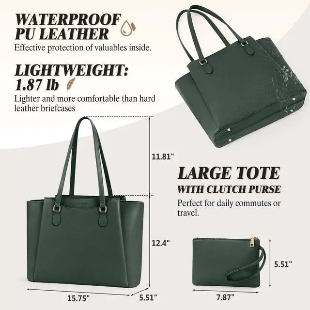 Alt view image 5 of 5 - RAINSMORE Laptop Bag for Women 15.6 Inch Work Tote Bags Waterproof Computer Bags Leather Professional Laptop Purse Womens Laptop Briefcase Large Handbag for Office Teacher Travel, Green