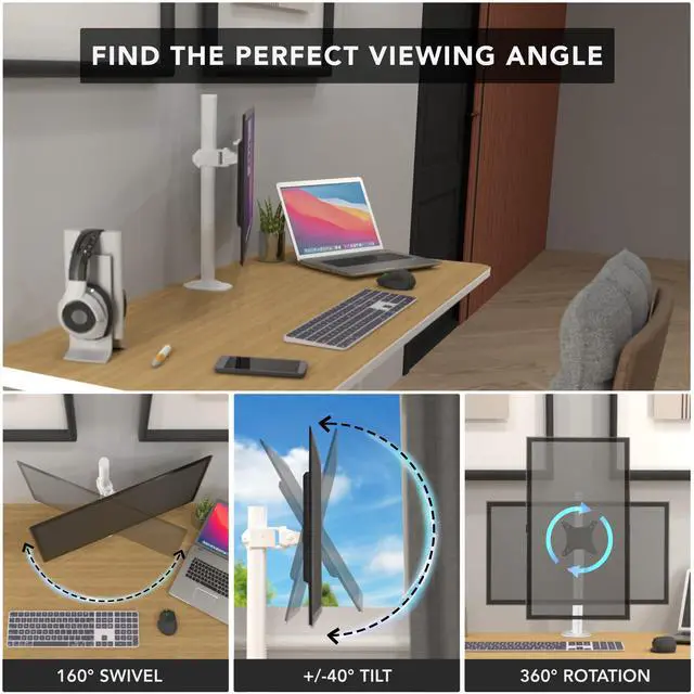 Alt view image 3 of 5 - Mount-It! White Single Monitor Stand  Adjustable Desk Arm for Computer Screens  VESA Compatible Holder Up to 32" 19.8 lbs  360° Rotation, 160° Swivel, 40° Tilt  Space-Saving Clamp & Grommet Base