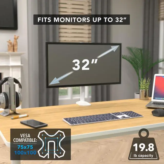 Alt view image 5 of 5 - Mount-It! White Single Monitor Stand  Adjustable Desk Arm for Computer Screens  VESA Compatible Holder Up to 32" 19.8 lbs  360° Rotation, 160° Swivel, 40° Tilt  Space-Saving Clamp & Grommet Base