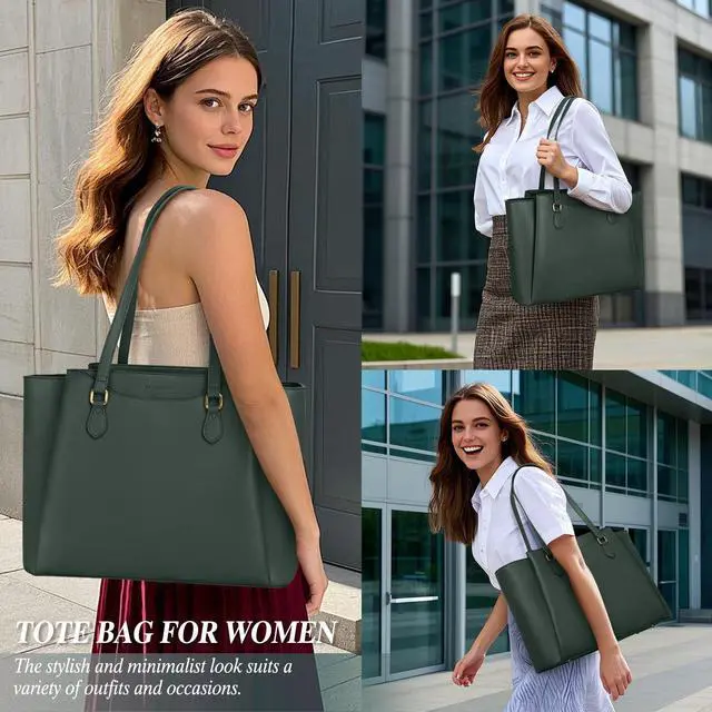 Alt view image 2 of 5 - RAINSMORE Laptop Bag for Women 15.6 Inch Work Tote Bags Waterproof Computer Bags Leather Professional Laptop Purse Womens Laptop Briefcase Large Handbag for Office Teacher Travel, Green
