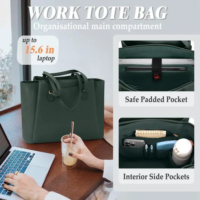 Alt view image 3 of 5 - RAINSMORE Laptop Bag for Women 15.6 Inch Work Tote Bags Waterproof Computer Bags Leather Professional Laptop Purse Womens Laptop Briefcase Large Handbag for Office Teacher Travel, Green