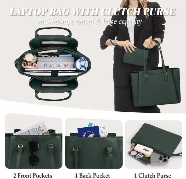 Alt view image 4 of 5 - RAINSMORE Laptop Bag for Women 15.6 Inch Work Tote Bags Waterproof Computer Bags Leather Professional Laptop Purse Womens Laptop Briefcase Large Handbag for Office Teacher Travel, Green