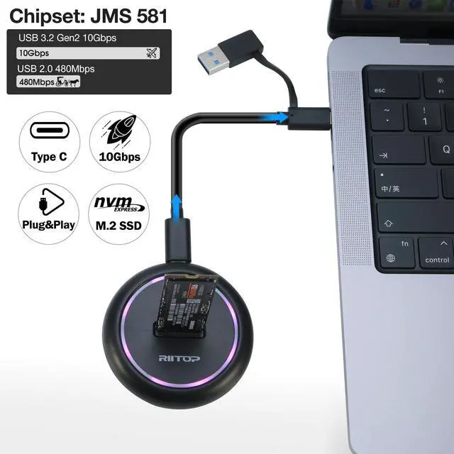 Alt view image 3 of 5 - NVMe to USB Docking Station, RIITOP M.2 SSD Enclosure for Both NVMe and (B+M Key SATA) SSD