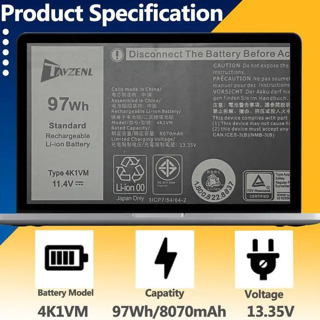 Alt view image 2 of 5 - TAVZENL 4K1VM 97Wh Battery Replacement for Dell Inspiron 15 7590 7591 7501 Series Precision 5530 5520 5540 Series Vostro 15 7500 Series G7 17 7700 Gaming Series XPS 15 9570 9560 Series 11.4V 8070