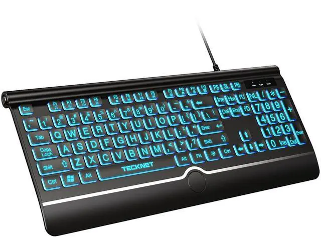 Main image of TECKNET Large Print Backlit Keyboard, Wired USB-A Computer Keyboard with Wrist Rest, 7-Color Backlit, Oversized Letter Keys Easy to See, Plug-and-Play, Silent, Foldable Stands for Windows/PC/Laptop