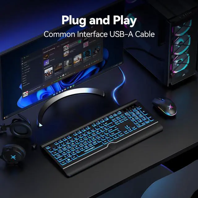 Alt view image 5 of 5 - TECKNET Large Print Backlit Keyboard, Wired USB-A Computer Keyboard with Wrist Rest, 7-Color Backlit, Oversized Letter Keys Easy to See, Plug-and-Play, Silent, Foldable Stands for Windows/PC/Laptop