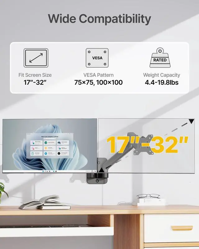 Alt view image 2 of 5 - monTEK Dual Monitor Wall Mount for 17 to 32 inch Flat/Curved Screens, Each Holds to 19.8 lbs, Full Motion Adjustable Mechanical Spring Monitor Arm, 75x75/100x100 VESA Wall Mount, Black