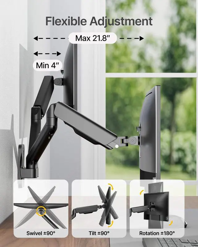 Alt view image 3 of 5 - monTEK Dual Monitor Wall Mount for 17 to 32 inch Flat/Curved Screens, Each Holds to 19.8 lbs, Full Motion Adjustable Mechanical Spring Monitor Arm, 75x75/100x100 VESA Wall Mount, Black