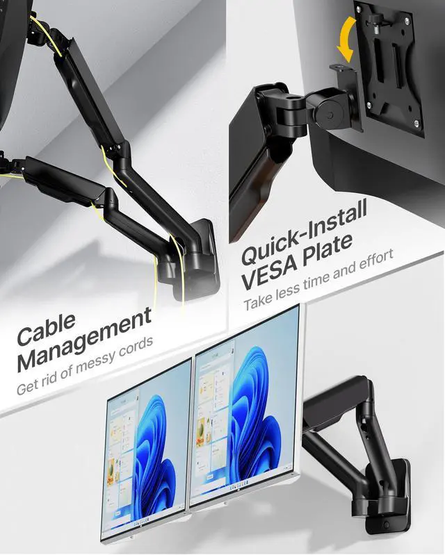 Alt view image 4 of 5 - monTEK Dual Monitor Wall Mount for 17 to 32 inch Flat/Curved Screens, Each Holds to 19.8 lbs, Full Motion Adjustable Mechanical Spring Monitor Arm, 75x75/100x100 VESA Wall Mount, Black