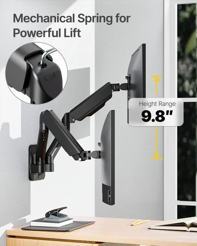 Alt view image 5 of 5 - monTEK Dual Monitor Wall Mount for 17 to 32 inch Flat/Curved Screens, Each Holds to 19.8 lbs, Full Motion Adjustable Mechanical Spring Monitor Arm, 75x75/100x100 VESA Wall Mount, Black