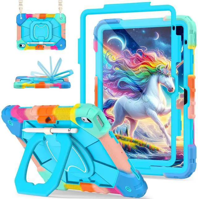 Main image of Scnioy Case for iPad (A16) 11th Generation 11 Inch (2025), iPad 10th Generation Case 10.9 Inch (2022), Shockproof Cover with 360° Rotating Stand Screen Protector Pen Holder Shoulder Strap,RainbowBlue