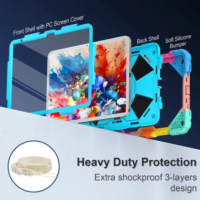Alt view image 2 of 5 - Scnioy Case for iPad (A16) 11th Generation 11 Inch (2025), iPad 10th Generation Case 10.9 Inch (2022), Shockproof Cover with 360° Rotating Stand Screen Protector Pen Holder Shoulder Strap,RainbowBlue