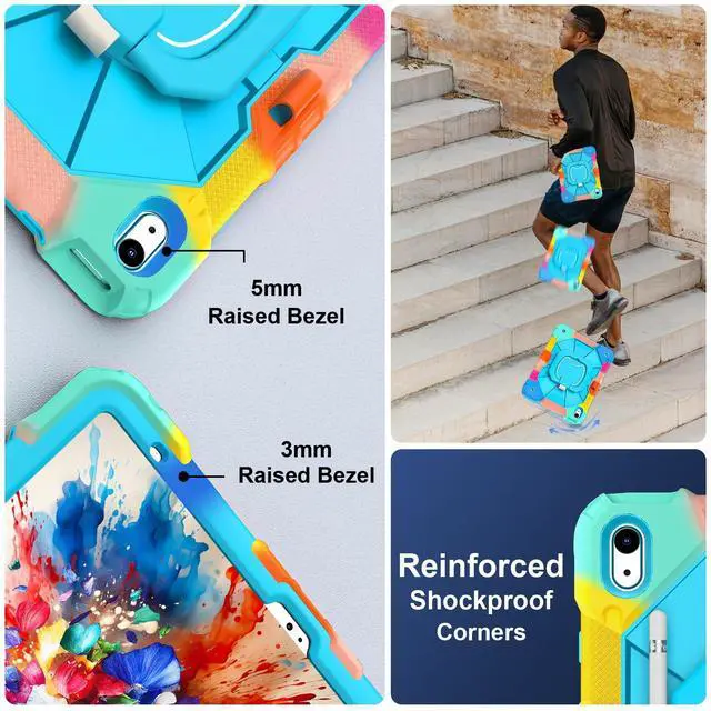 Alt view image 3 of 5 - Scnioy Case for iPad (A16) 11th Generation 11 Inch (2025), iPad 10th Generation Case 10.9 Inch (2022), Shockproof Cover with 360° Rotating Stand Screen Protector Pen Holder Shoulder Strap,RainbowBlue