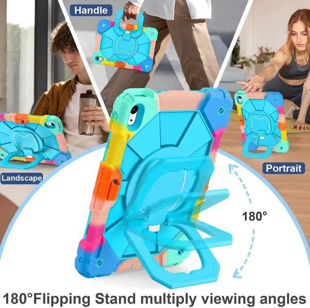 Alt view image 5 of 5 - Scnioy Case for iPad (A16) 11th Generation 11 Inch (2025), iPad 10th Generation Case 10.9 Inch (2022), Shockproof Cover with 360° Rotating Stand Screen Protector Pen Holder Shoulder Strap,RainbowBlue