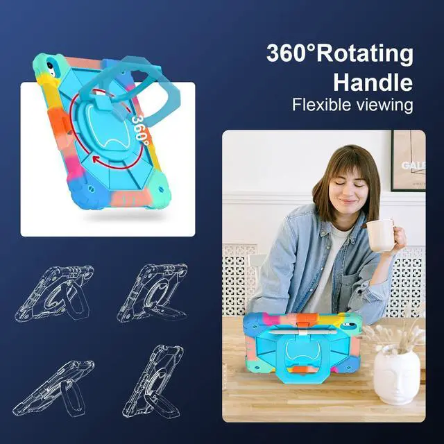 Alt view image 4 of 5 - Scnioy Case for iPad (A16) 11th Generation 11 Inch (2025), iPad 10th Generation Case 10.9 Inch (2022), Shockproof Cover with 360° Rotating Stand Screen Protector Pen Holder Shoulder Strap,RainbowBlue