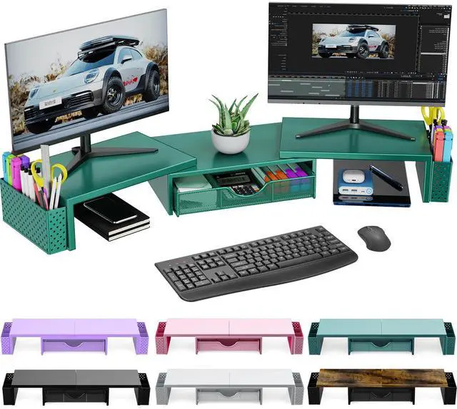 Main image of Spacrea Metal Desk Organizers and Accessories, Dual Monitor Stand Riser with Drawer and 2 Pen Holders, Desk Accessories & Workspace Desktop Organizers for Office Supplies (Dark Gree)