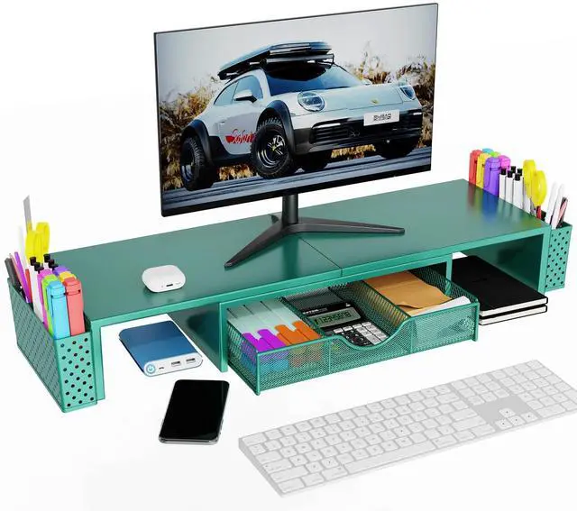 Alt view image 3 of 5 - Spacrea Metal Desk Organizers and Accessories, Dual Monitor Stand Riser with Drawer and 2 Pen Holders, Desk Accessories & Workspace Desktop Organizers for Office Supplies (Dark Gree)