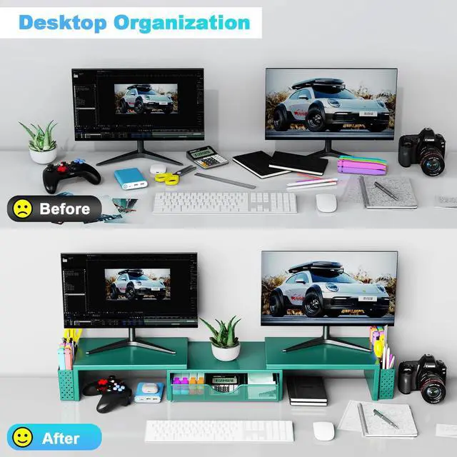 Alt view image 4 of 5 - Spacrea Metal Desk Organizers and Accessories, Dual Monitor Stand Riser with Drawer and 2 Pen Holders, Desk Accessories & Workspace Desktop Organizers for Office Supplies (Dark Gree)