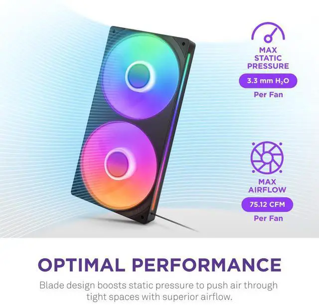 Alt view image 4 of 5 - NZXT F240 RGB Core - 240mm Single-Frame Fan Unit with 2 x 120mm RGB Fans - Speed & Lighting Control - High Static Pressure & Airflow - Fluid Dynamic Bearings - 8 aRGB LEDs Per Fan - Black