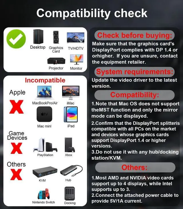 Alt view image 5 of 5 - Reborn DisplayPort to HDMI Splitter for Multi Monitor Adapter |4K@60Hz, HDMI Splitter Extended Display 1 in 3 Out MST Hub for Extended or Cloned Display Mode, for PC,NVIDIA/AMD Graphic Card