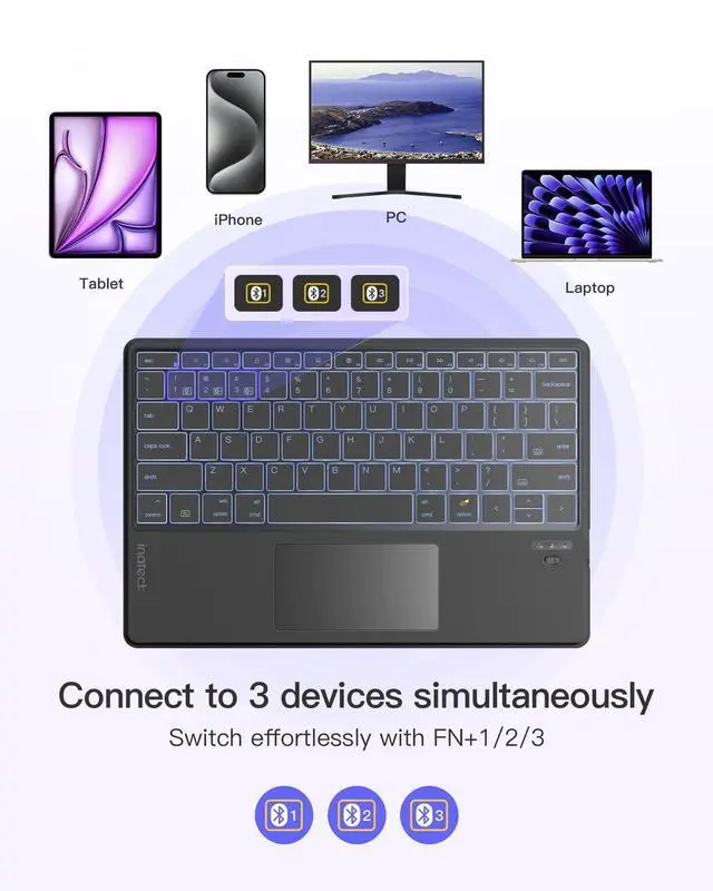 Alt view image 2 of 5 - Inateck Tablet Keyboard, Ultra-Slim, AI Function, 7-Color Backlight, Compatible with iPad 10/9/8, Air, 12.9''/ 11''/ 10.5'' Pro, Mini 7/6/5, Supports Windows, iPad OS, Android, iOS