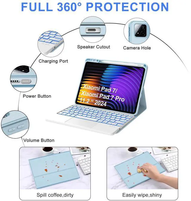 Alt view image 4 of 5 - Keyboard Case for Xiaomi Pad 7/ Pad 7 Pro 11.2 Inch, 7 Color Backlit, Magnetic Detachable Wireless Bluetooth Keyboard, Multi-Touch Trackpad, Stain Resistant Cover, Rechargeable, LightBlue (Backlit)