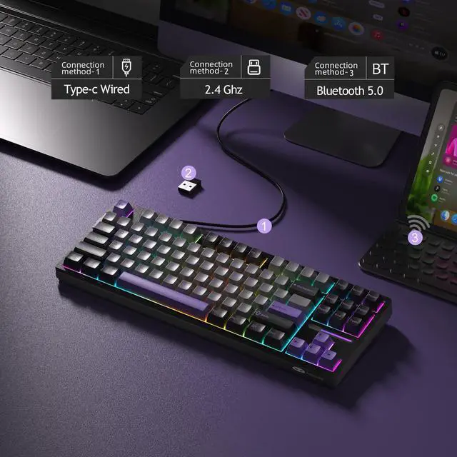 Alt view image 2 of 5 - MageGee LIGHT87 Wireless Creamy Keyboard, Gasket Structure Hot Swappable Mechanical Keyboards, 2.4G/USB-C/BT5.0 RGB Backlit Gaming Keyboard for Win/Mac/PC, 4000mAh Battery, PBT Keycaps, Purple