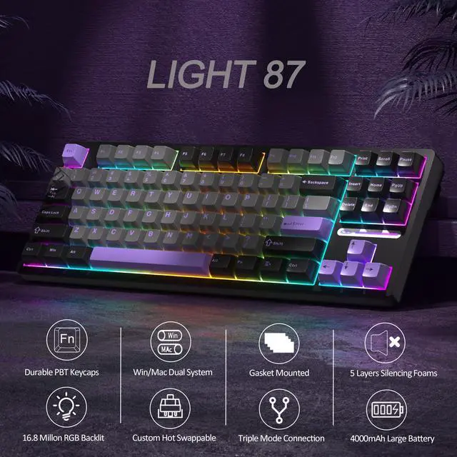 Alt view image 3 of 5 - MageGee LIGHT87 Wireless Creamy Keyboard, Gasket Structure Hot Swappable Mechanical Keyboards, 2.4G/USB-C/BT5.0 RGB Backlit Gaming Keyboard for Win/Mac/PC, 4000mAh Battery, PBT Keycaps, Purple