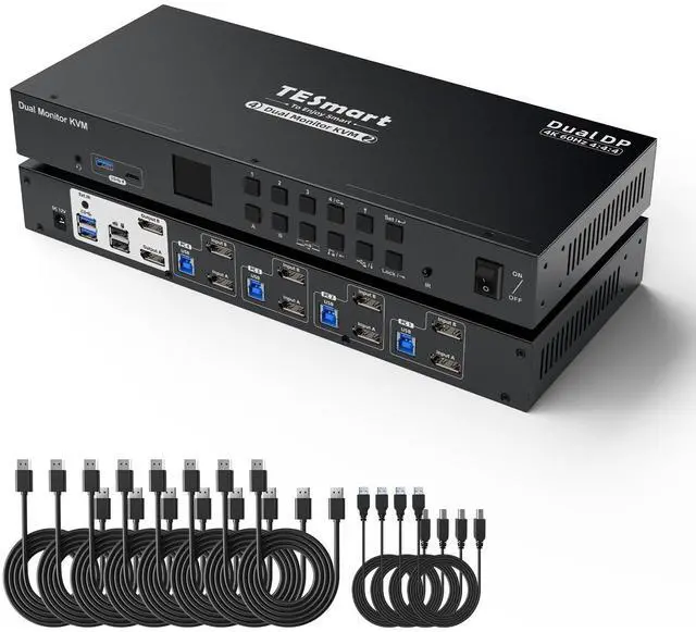 Main image of TESmart 4 Port KVM Switch Dual Monitor DisplayPort, Support 4K@60Hz USB 3.0 KVM Switch 4 Computers 2 Monitors, EDID emulators, Audio Output, Hotkey Switch, with All Input Cables