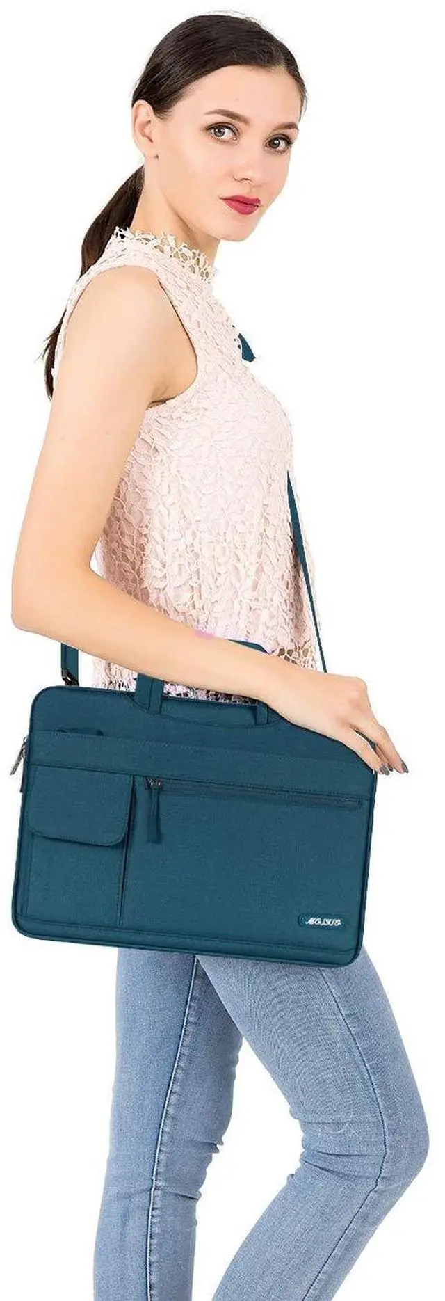 Alt view image 5 of 5 - MOSISO Laptop Shoulder Bag Compatible with MacBook Pro 16 inch 2023-2019 M3 A2991 M2 A2780 M1 A2485 A2141/Pro 15 A1398,15-15.6 inch Notebook,Polyester Flapover Briefcase Sleeve Case, Deep Teal