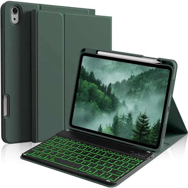 Main image of kenke for iPad 11/10th Gen Case with Keyboard 11/10.9 inch 2025 A16/2022, Detachable Wireless Bluetooth Keyboard Case with Right Side Pencil Holder, Backlit Black Square Keycaps (Dark Green