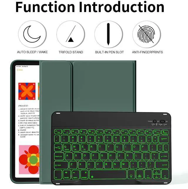 Alt view image 2 of 5 - kenke for iPad 11/10th Gen Case with Keyboard 11/10.9 inch 2025 A16/2022, Detachable Wireless Bluetooth Keyboard Case with Right Side Pencil Holder, Backlit Black Square Keycaps (Dark Green