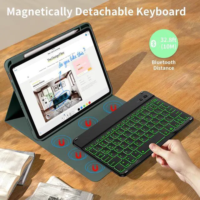 Alt view image 3 of 5 - kenke for iPad 11/10th Gen Case with Keyboard 11/10.9 inch 2025 A16/2022, Detachable Wireless Bluetooth Keyboard Case with Right Side Pencil Holder, Backlit Black Square Keycaps (Dark Green