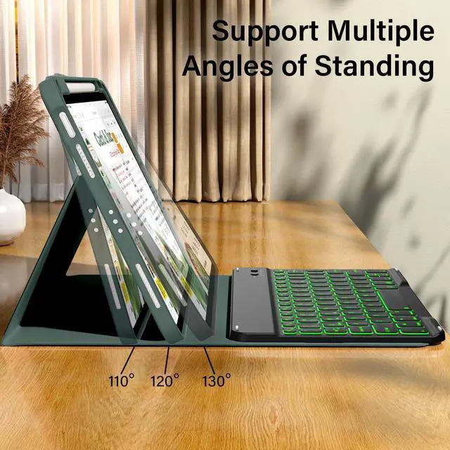 Alt view image 4 of 5 - kenke for iPad 11/10th Gen Case with Keyboard 11/10.9 inch 2025 A16/2022, Detachable Wireless Bluetooth Keyboard Case with Right Side Pencil Holder, Backlit Black Square Keycaps (Dark Green