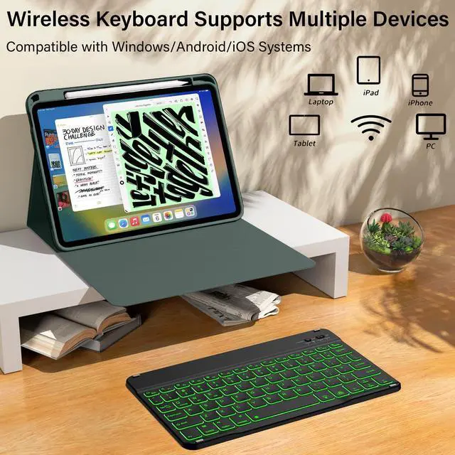 Alt view image 5 of 5 - kenke for iPad 11/10th Gen Case with Keyboard 11/10.9 inch 2025 A16/2022, Detachable Wireless Bluetooth Keyboard Case with Right Side Pencil Holder, Backlit Black Square Keycaps (Dark Green