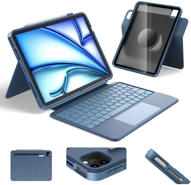 Main image of HOU Rotatable Keyboard Case for iPad Air 11 (M3/M2 2025), Magnetic Detachable Case with Keyboard for iPad Pro 11 (4th/3rd/2nd/1st Gen) and iPad Air (6th/5th/4th Gen) with Touchpad, Backlight - Blue