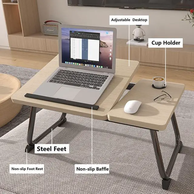 Alt view image 2 of 5 - Asltoy Foldable Lap Desk Stand, Laptop Table for Bed with Adjustable Height & Cup Holder (Golden)