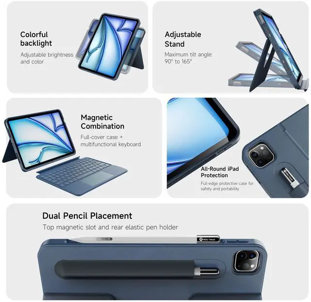 Alt view image 3 of 5 - HOU Rotatable Keyboard Case for iPad Air 11 (M3/M2 2025), Magnetic Detachable Case with Keyboard for iPad Pro 11 (4th/3rd/2nd/1st Gen) and iPad Air (6th/5th/4th Gen) with Touchpad, Backlight - Blue