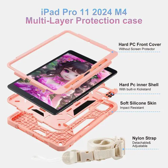 Alt view image 3 of 5 - Case for iPad Pro 11 inch M4 2024 (5th Generation), Shockproof Protective Case with Pencil Slot/360 Rotating Grip Magic Stand,Keychain/Carrying Shoulder Strap for iPad Pro 11 2024 (Pink)