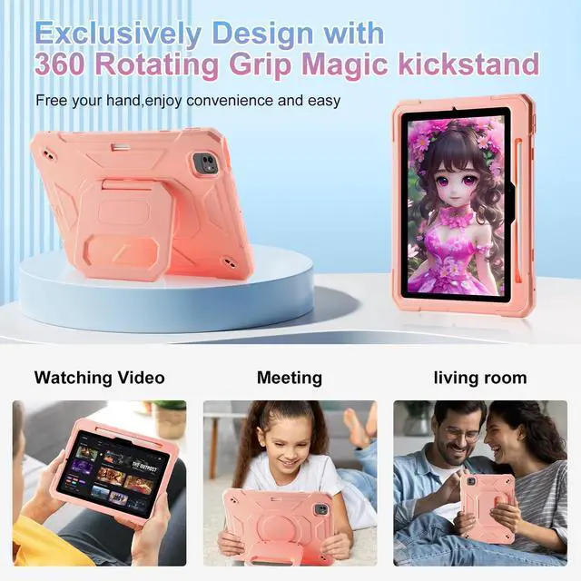 Alt view image 4 of 5 - Case for iPad Pro 11 inch M4 2024 (5th Generation), Shockproof Protective Case with Pencil Slot/360 Rotating Grip Magic Stand,Keychain/Carrying Shoulder Strap for iPad Pro 11 2024 (Pink)
