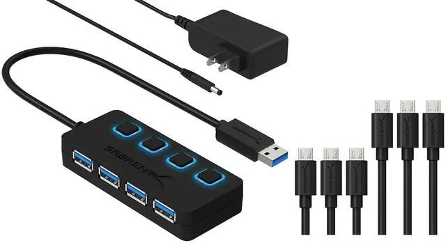 Main image of Sabrent 4-Port USB 3.0 Hub + 6-Pack 22AWG Premium Micro USB Cables (X3-3ft + X3-1ft) High Speed USB 2.0
