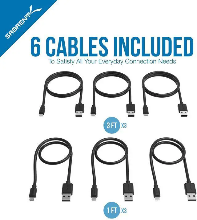 Alt view image 3 of 5 - Sabrent 4-Port USB 3.0 Hub + 6-Pack 22AWG Premium Micro USB Cables (X3-3ft + X3-1ft) High Speed USB 2.0