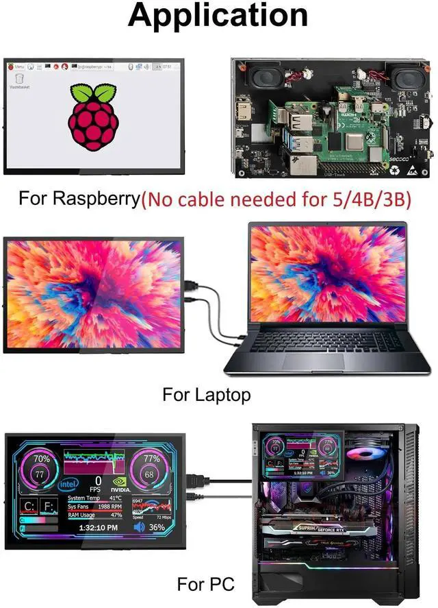 Alt view image 5 of 5 - wisecoco Touchscreen Monitor for Raspberry Pi, 7'' IPS LCD Screen 1024 * 600 Smooth Touch, Built-in Dual Speakers, HDMI Input, Compatible with Raspberry Pi 5/4/3/Zero, Easy Set-up Driver-Free
