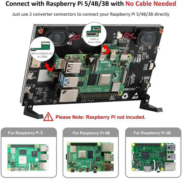 Alt view image 4 of 5 - wisecoco Touchscreen Monitor for Raspberry Pi, 7'' IPS LCD Screen 1024 * 600 Smooth Touch, Built-in Dual Speakers, HDMI Input, Compatible with Raspberry Pi 5/4/3/Zero, Easy Set-up Driver-Free
