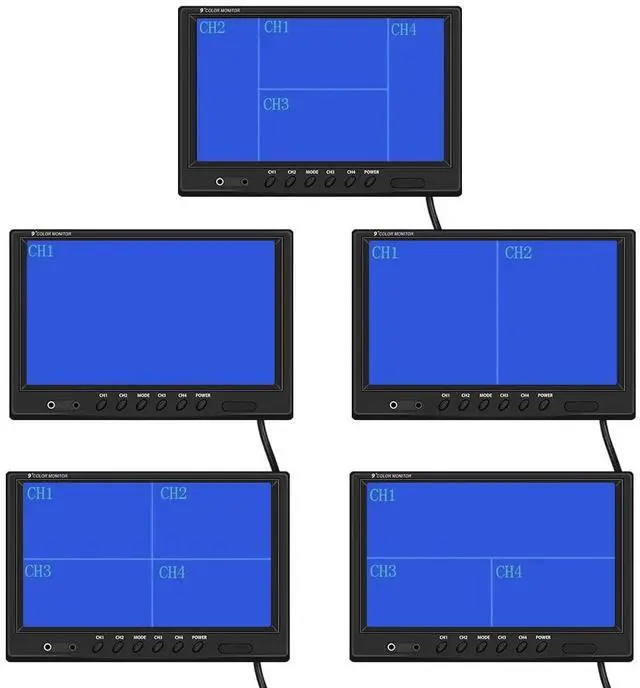 Alt view image 3 of 5 - 9 Inch Backup Camera Monitor Only, Quad Split Screen,Hikity 4 Channels RCA Video Inputs HD Vehicle Rear View Reverse Color TFT LCD Display Screen for Car SUV Van Truck Pickup