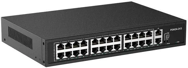 Main image of 24 Port PoE Switch,10/100Mbps PoE+ Ethernet Switch Unmanaged with 2 Gigabit Uplink Ports, Up to 30W Per Port, Total Budget 280W, 802.3af/at Compliant, Fanless Silent, Rack Mount