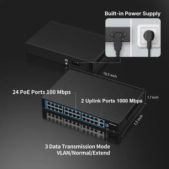 Alt view image 2 of 5 - 24 Port PoE Switch,10/100Mbps PoE+ Ethernet Switch Unmanaged with 2 Gigabit Uplink Ports, Up to 30W Per Port, Total Budget 280W, 802.3af/at Compliant, Fanless Silent, Rack Mount